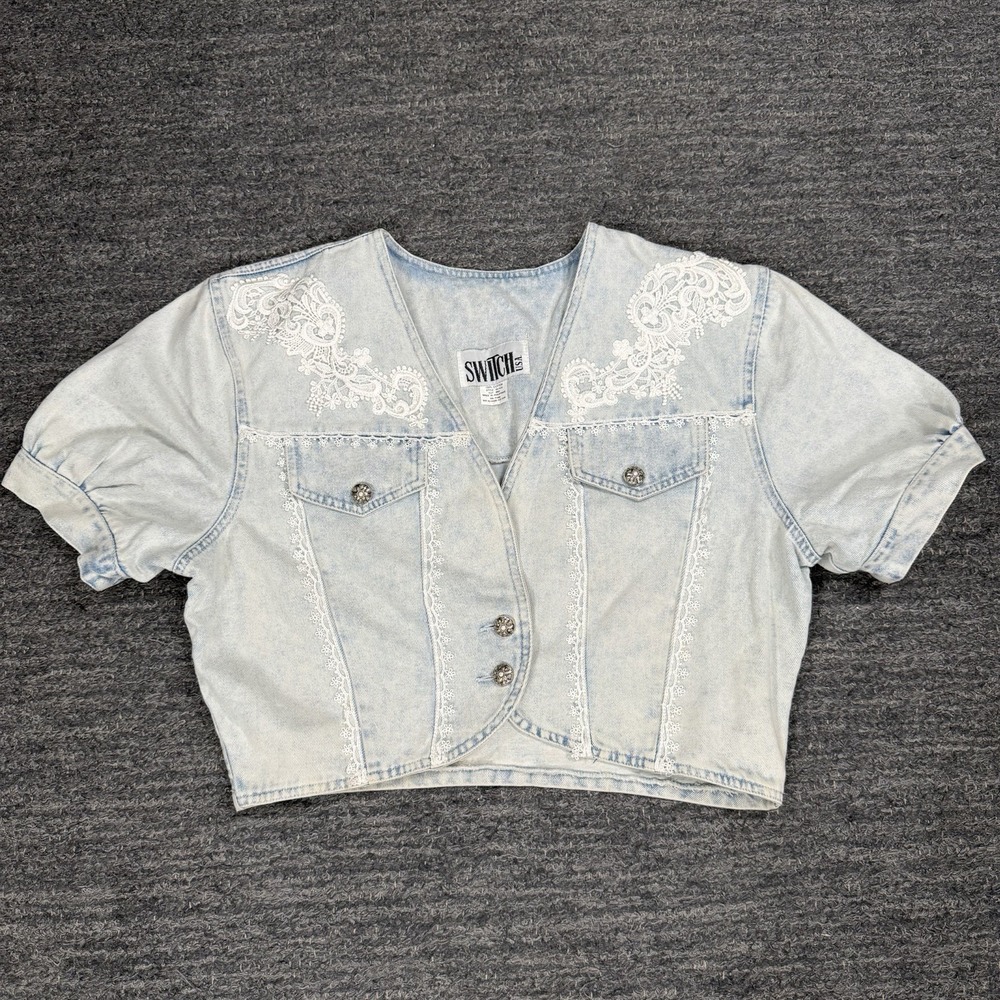 Vintage Denim Bolero Jacket Women Medium Jean Puff Sleeve Lace Light Wash Y2K